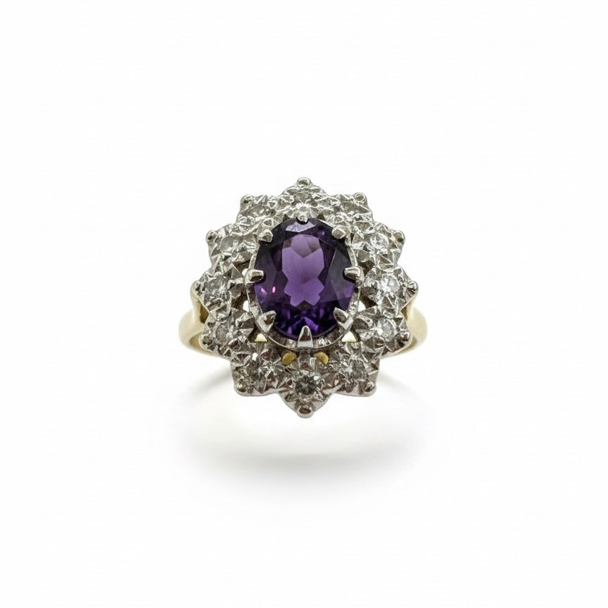 18ct Two Tone Oval Amethyst And Hand Set Diamond Ring