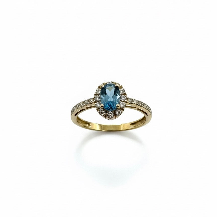 9ct Aquamarine With Diamond Halo And Semi Shoulder Ring