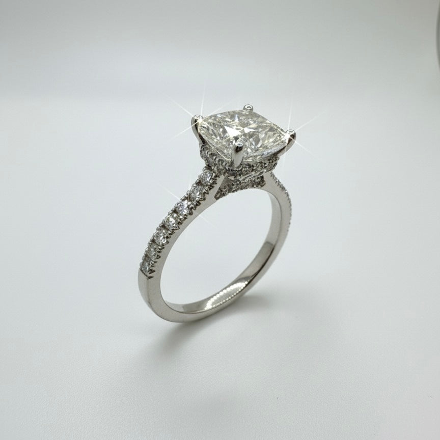 950 Platinum Cushion Diamond Ring With Hidden Diamond Halo And Hidden Diamond Bridge With Shoulder Ring
