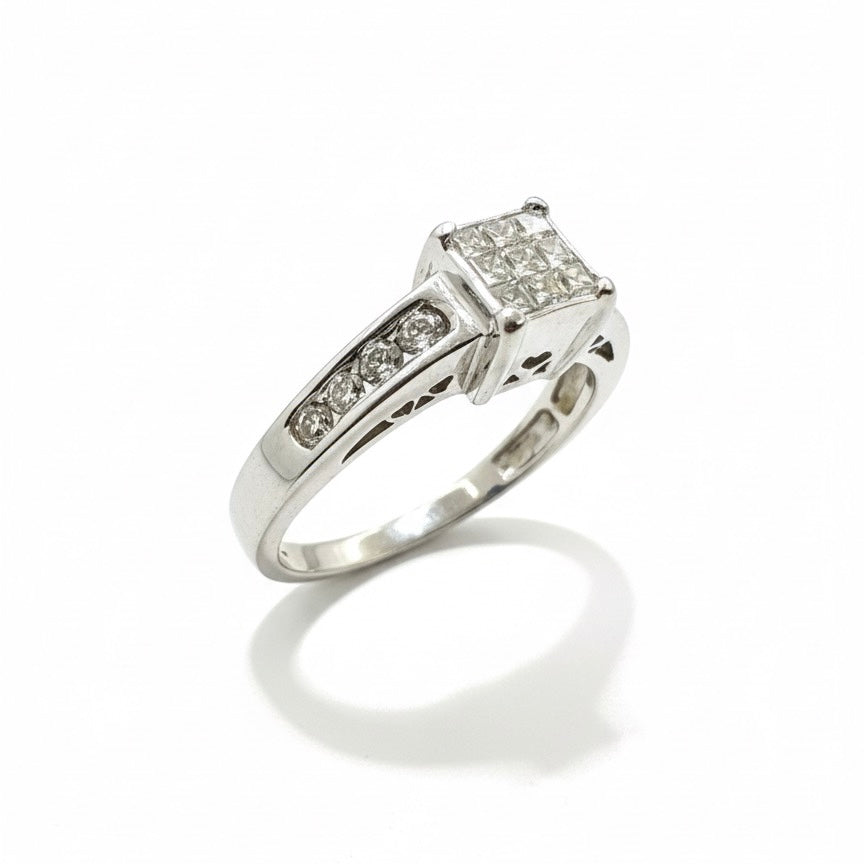 18ct White Gold Princess Cur Cluster Centre And Channel Set Shoulder Diamond Ring