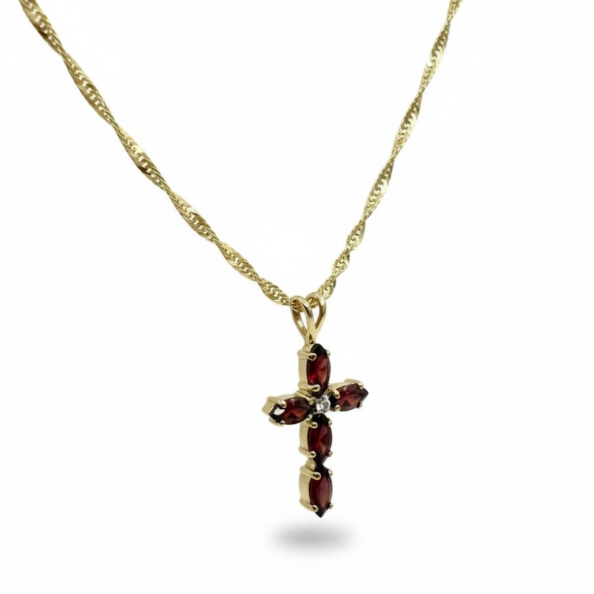 9ct Marquees Garnet Set Cross Pendant With Chain