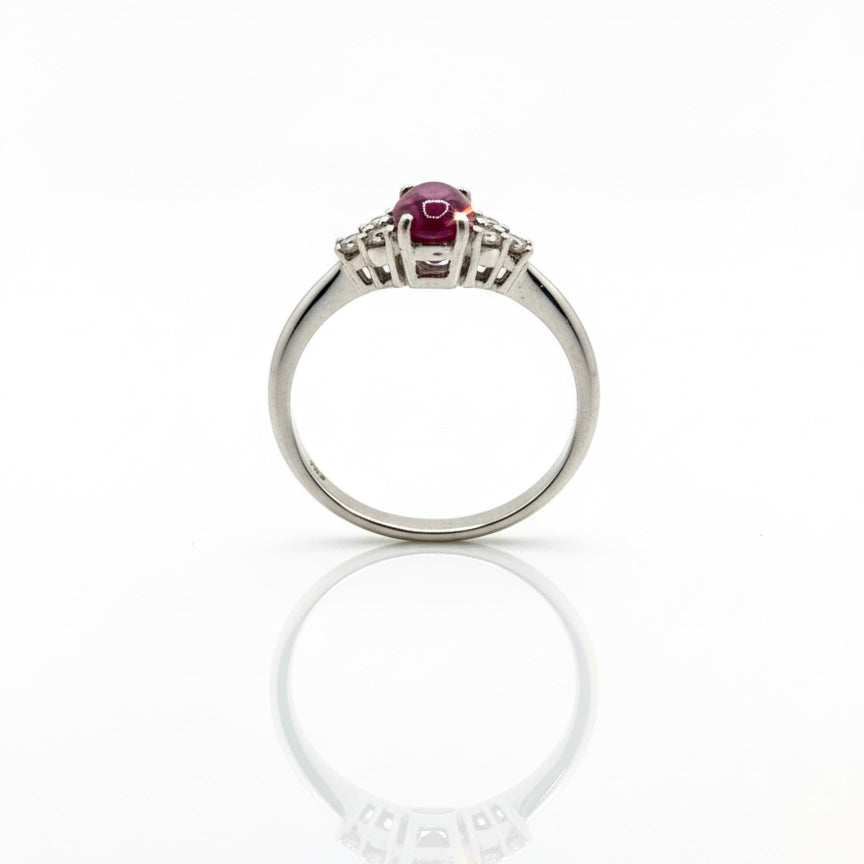 18ct White Gold Uncut Opaque Ruby With Triple Diamond Shoulder Ring