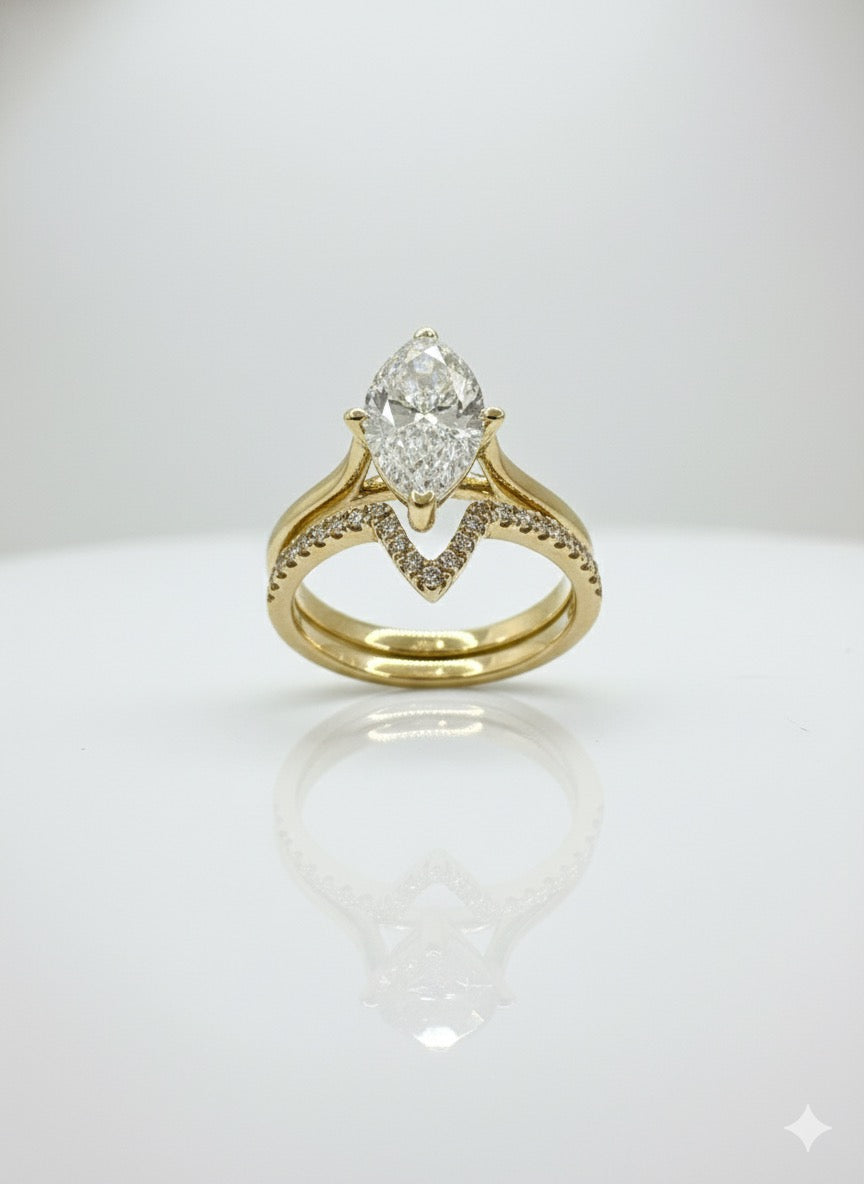 18ct Marquees Solitaire Diamond Ring With Matching Shape Eternity Band Ring Set