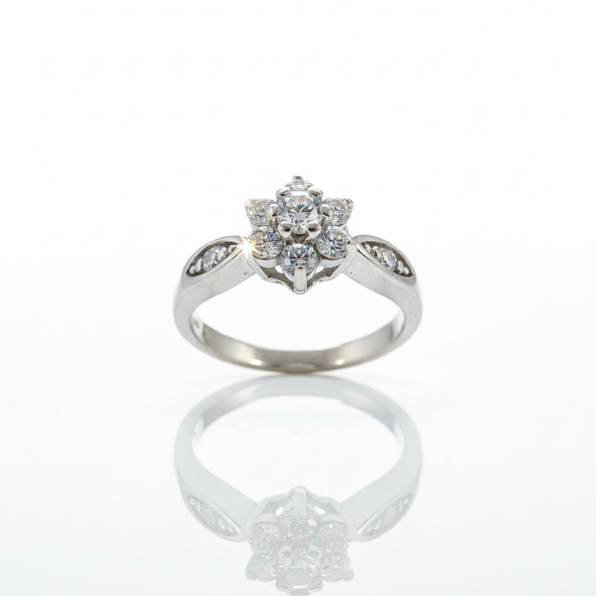 9ct White Gold Flower Centre Diamond Ring With Single Set Shoulders Ring