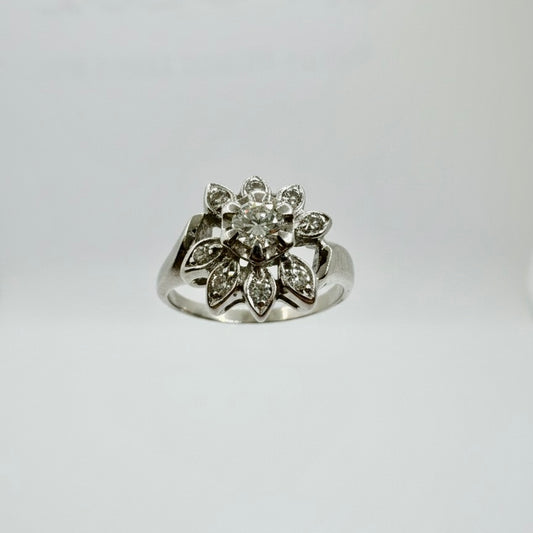 14ct White Gold Hand Engraved Flower Diamond Ring