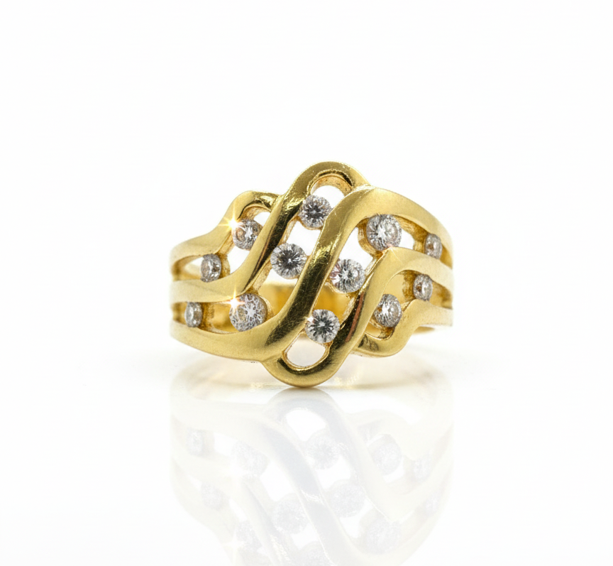 14ct Channel Set Diamond Weave Multi Lane Ring