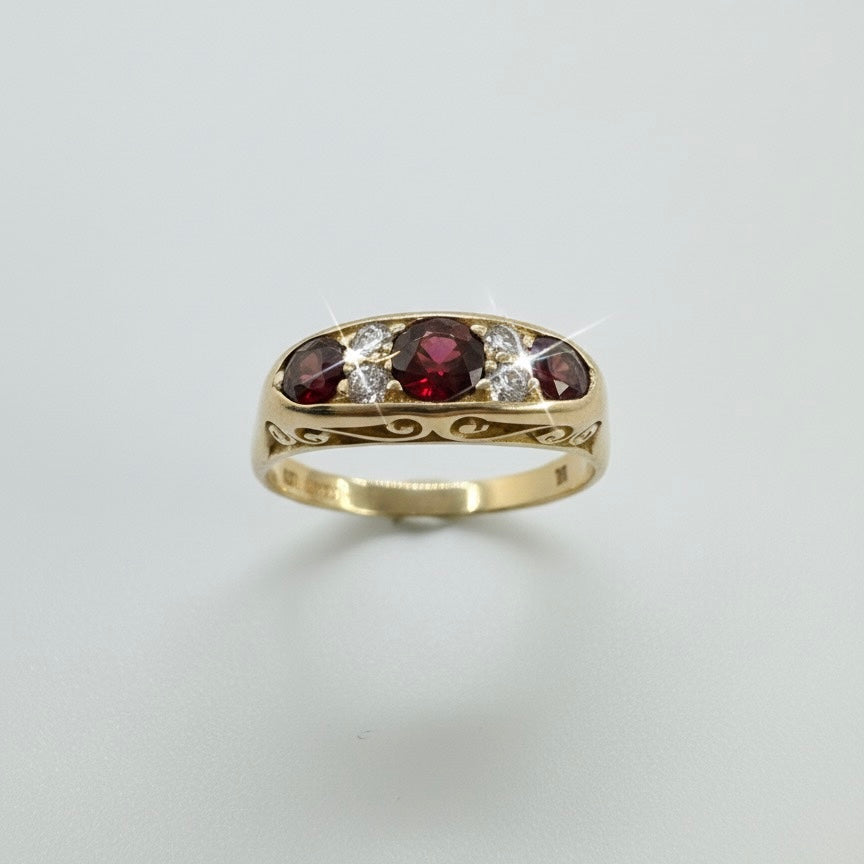 18ct Hand Carved Ruby Trilogy With Twin Adjacent Diamond Ring