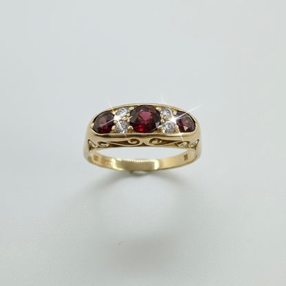 18ct Hand Carved Ruby Trilogy With Twin Adjacent Diamond Ring