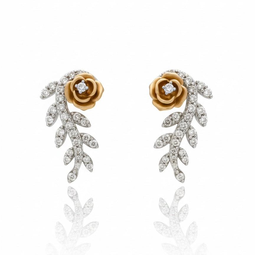 18ct Two Tone Diamond Petal And Flower Earrings