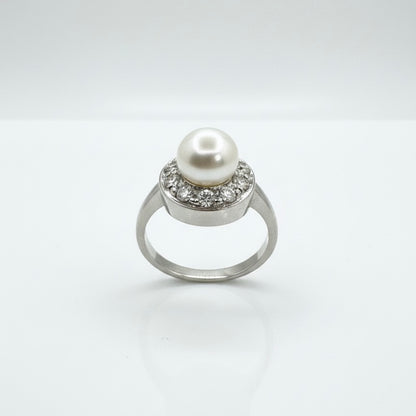18ct Clawless Centre Pearl and Diamond Halo Ring
