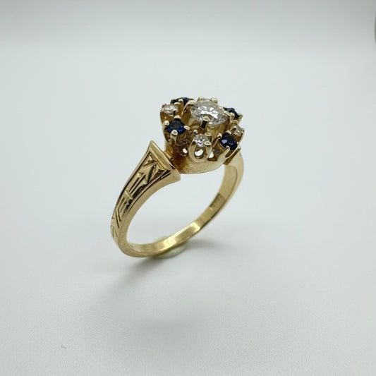 14ct Multi Set Sapphire And Hand Engraved Shoulder Diamond Ring