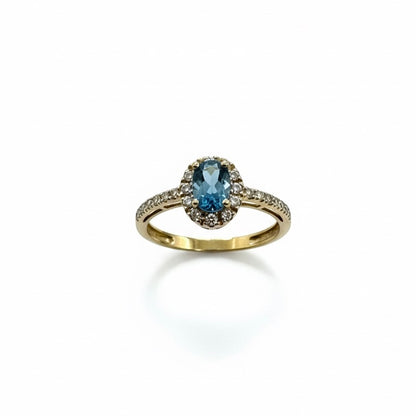 9ct Aquamarine With Diamond Halo And Semi Shoulder Ring