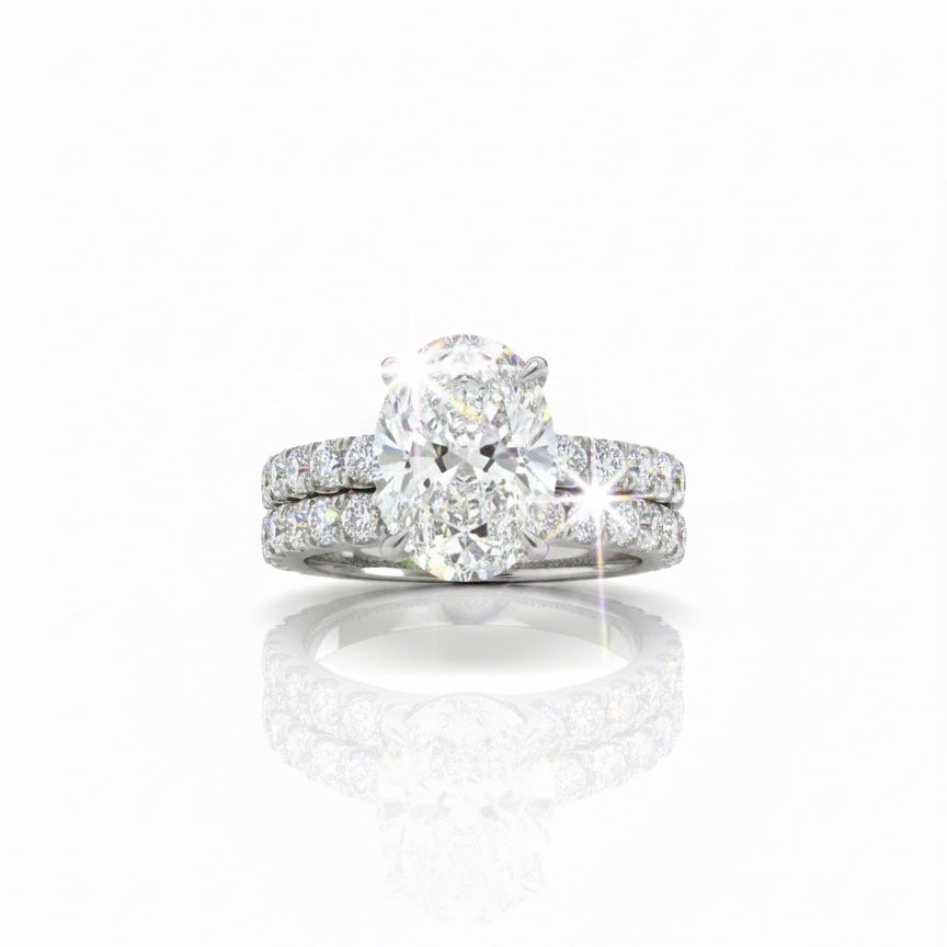 950 Platinum Oval Diamond With Diamond Shoulders And Matching Eternity Ring Set
