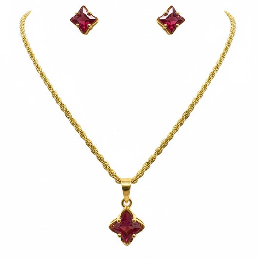 22ct Red Flower Solitaire Zirconia Pendant Set