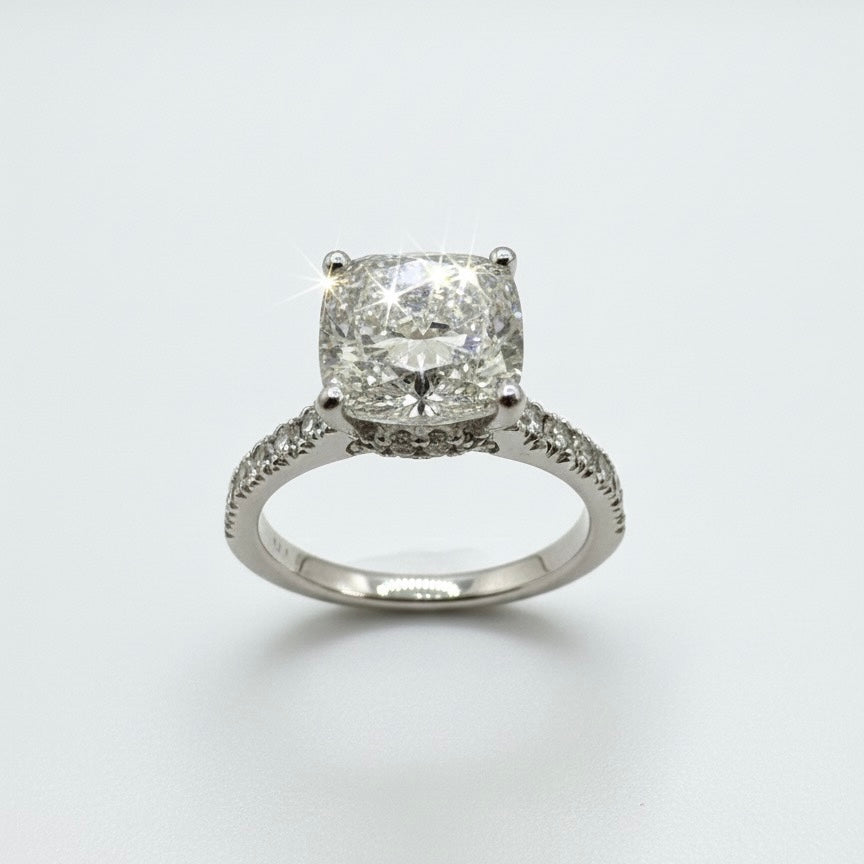 950 Platinum Cushion Diamond Ring With Hidden Diamond Halo And Hidden Diamond Bridge With Shoulder Ring