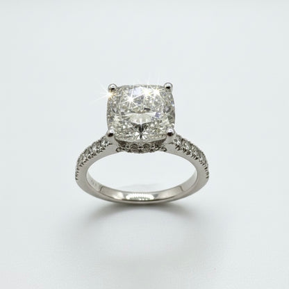 950 Platinum Cushion Diamond Ring With Hidden Diamond Halo And Hidden Diamond Bridge With Shoulder Ring