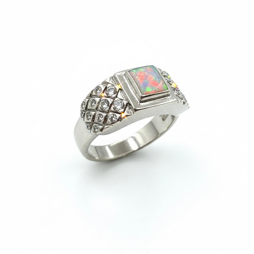 9ct Square Opal And Diamond Set Shoulder Ring