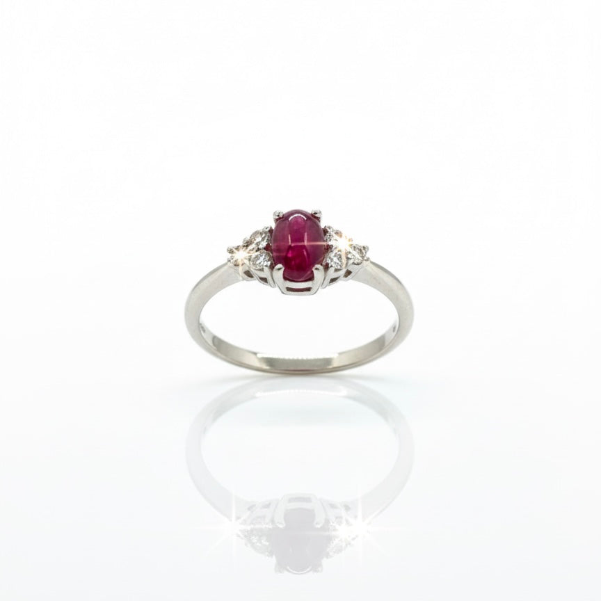 18ct White Gold Uncut Opaque Ruby With Triple Diamond Shoulder Ring