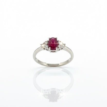 18ct White Gold Uncut Opaque Ruby With Triple Diamond Shoulder Ring