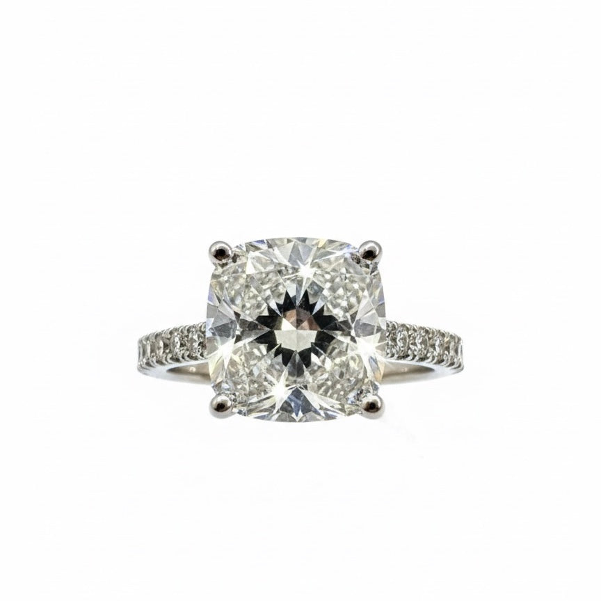 950 Platinum Cushion Diamond Ring With Hidden Diamond Halo And Hidden Diamond Bridge With Shoulder Ring