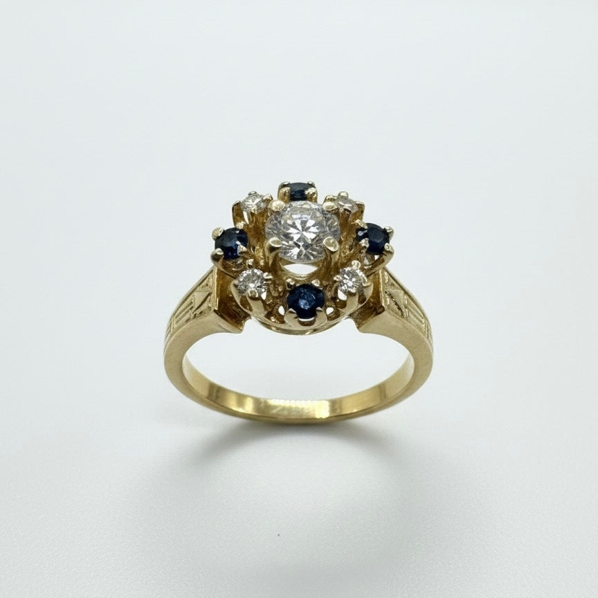 14ct Multi Set Sapphire And Hand Engraved Shoulder Diamond Ring