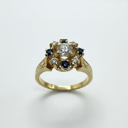 14ct Multi Set Sapphire And Hand Engraved Shoulder Diamond Ring