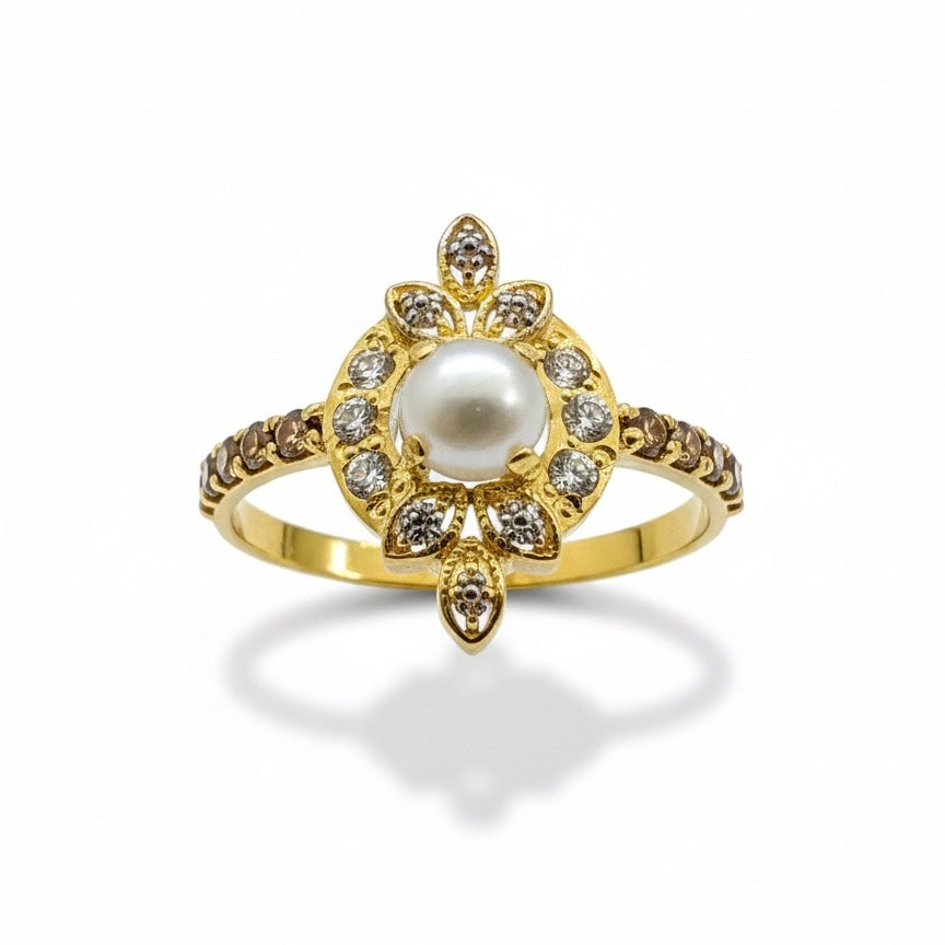 22ct Pearl Centre Champagne Zirconia Shoulder Ring