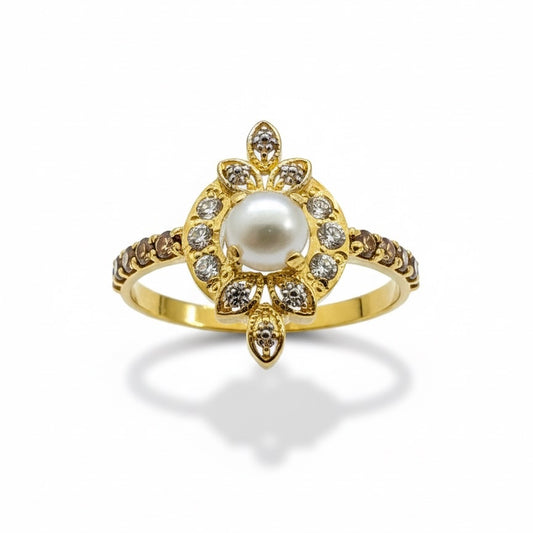 22ct Pearl Centre Champagne Zirconia Shoulder Ring