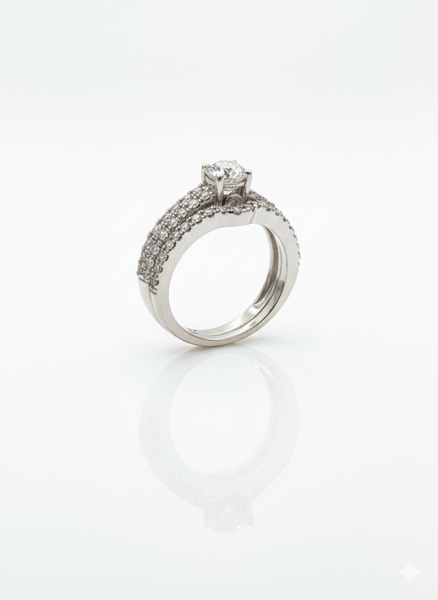 18ct White Gold Double Shoulder And Hidden Diamond With Matching Interlocking Eternity Band Ring Set