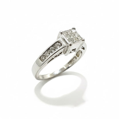 18ct White Gold Princess Cur Cluster Centre And Channel Set Shoulder Diamond Ring