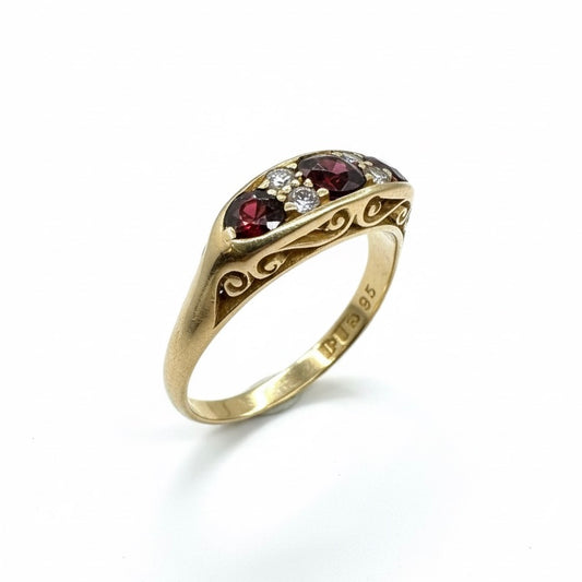 18ct Hand Carved Ruby Trilogy With Twin Adjacent Diamond Ring
