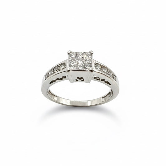 18ct White Gold Princess Cur Cluster Centre And Channel Set Shoulder Diamond Ring