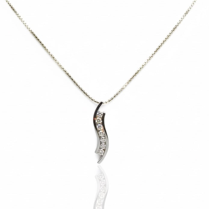18ct White Gold Channel Set Zirconia Wavy Pendant And Chain