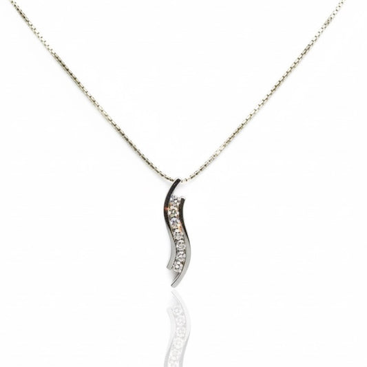 18ct White Gold Channel Set Zirconia Wavy Pendant And Chain