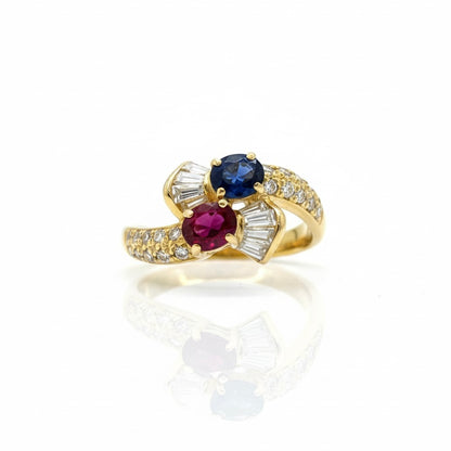 18ct Twin Ruby And Sapphire With Baguette And Round Brilliant Diamond Ring