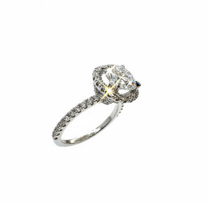 950 Platinum Round Brilliant Diamond With Hidden Diamond Basket And Diamond Halo And Shoulder Ring
