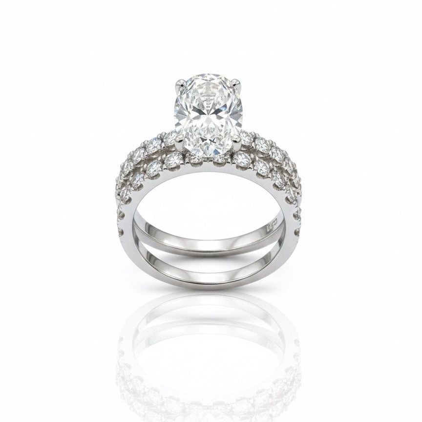 950 Platinum Oval Diamond With Diamond Shoulders And Matching Eternity Ring Set