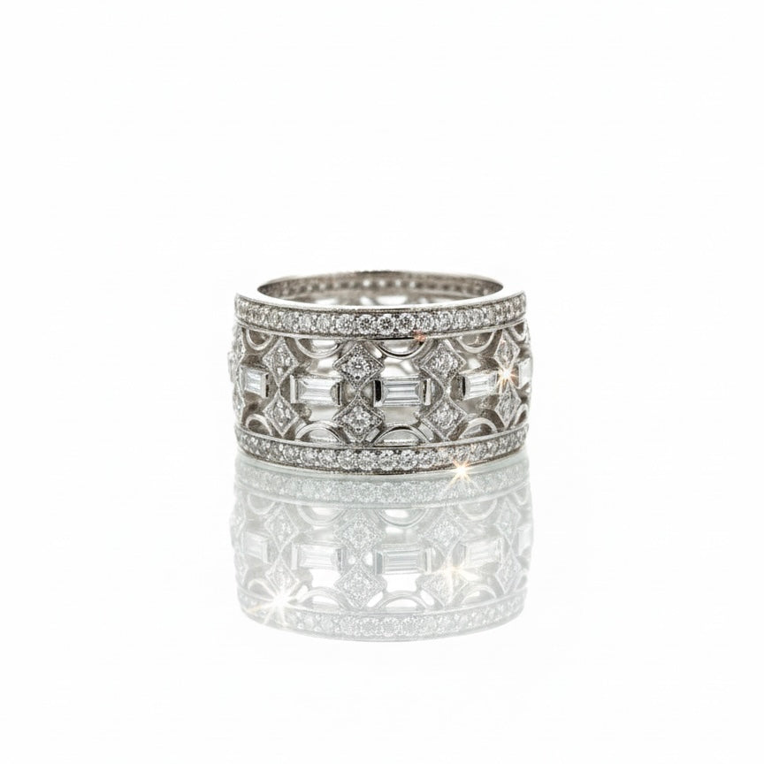 18ct White Gold Baguette And Round Brilliant Diamond Band Ring