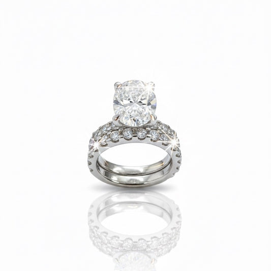 950 Platinum Oval Diamond With Diamond Shoulders And Matching Eternity Ring Set