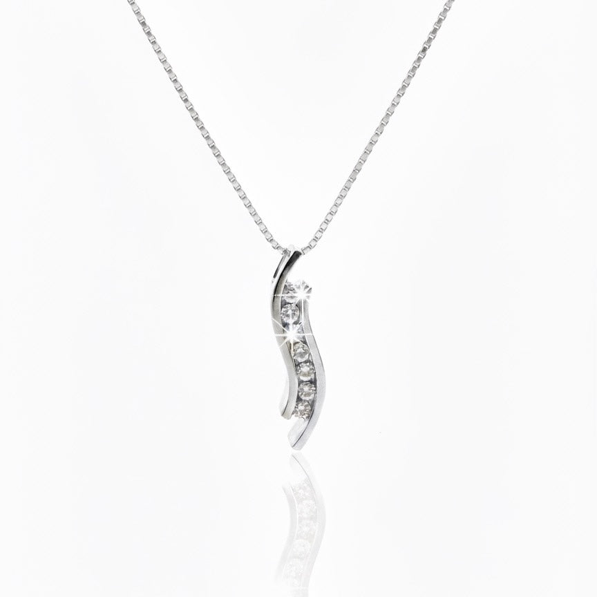 18ct White Gold Channel Set Zirconia Wavy Pendant And Chain