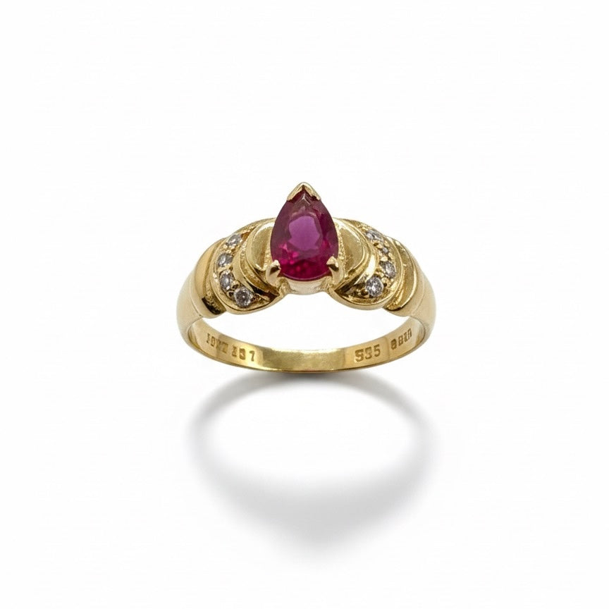 18ct Tear Drop Ruby With Hand Set Diamond Step Shoulder Ring