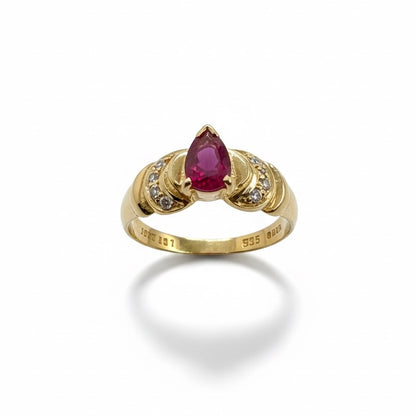 18ct Tear Drop Ruby With Hand Set Diamond Step Shoulder Ring