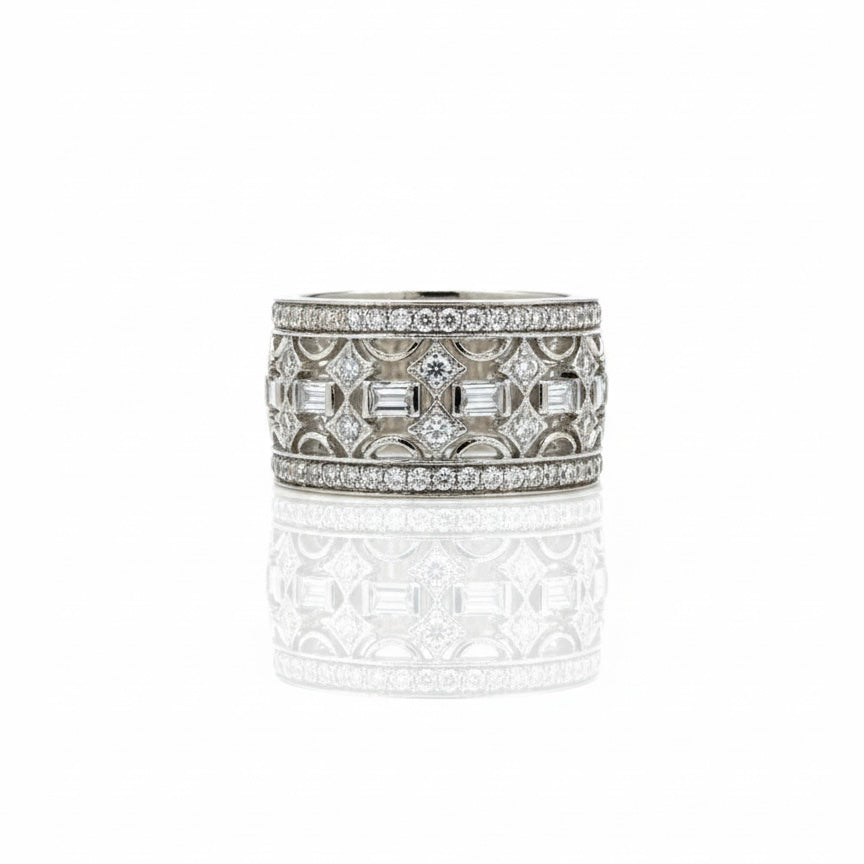 18ct White Gold Baguette And Round Brilliant Diamond Band Ring
