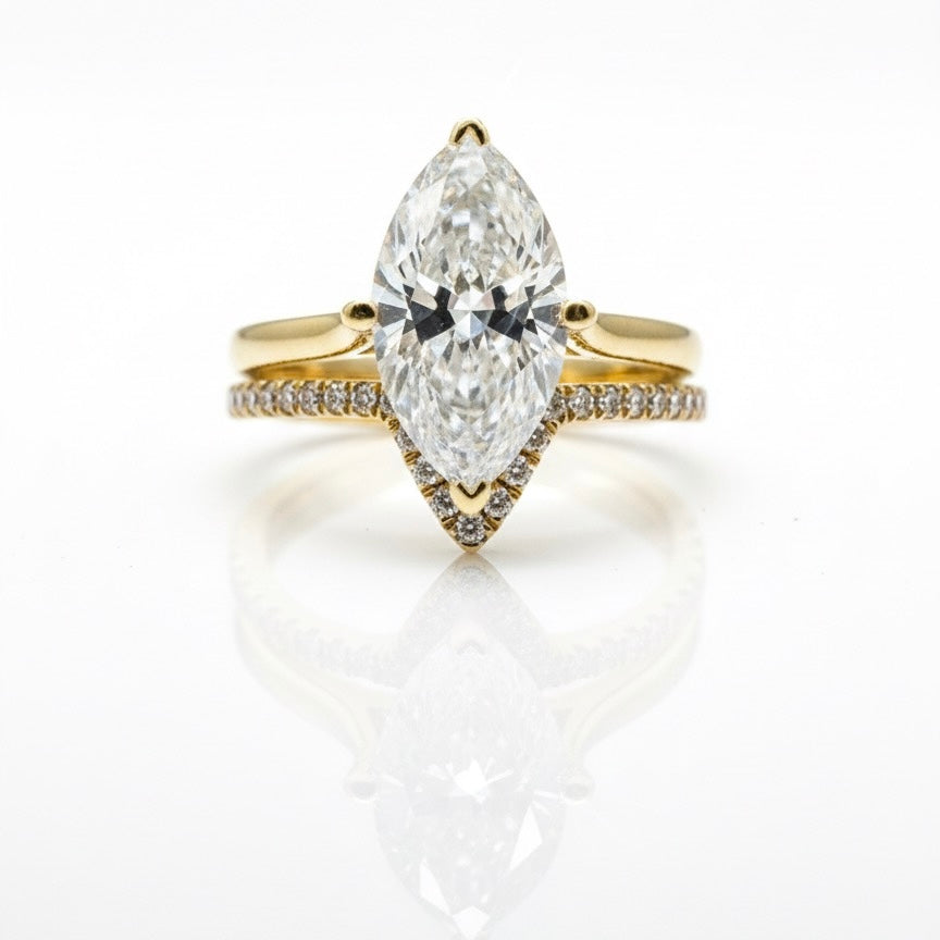 18ct Marquees Solitaire Diamond Ring With Matching Shape Eternity Band Ring Set