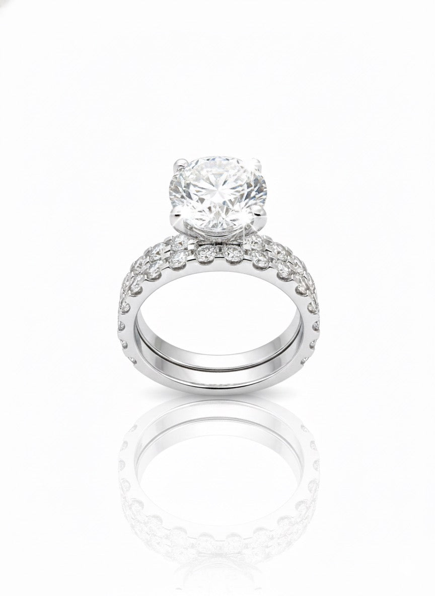950 Platinum Oval Diamond With Diamond Shoulders And Matching Eternity Ring Set