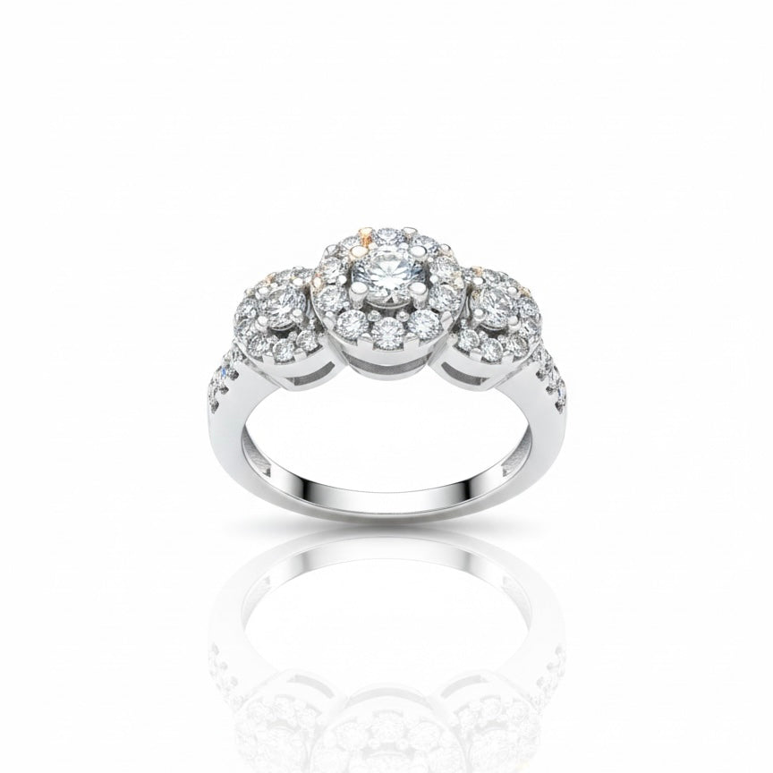 18ct White Gold Halo Trilogy With Twisted Shoulder Diamond Ring
