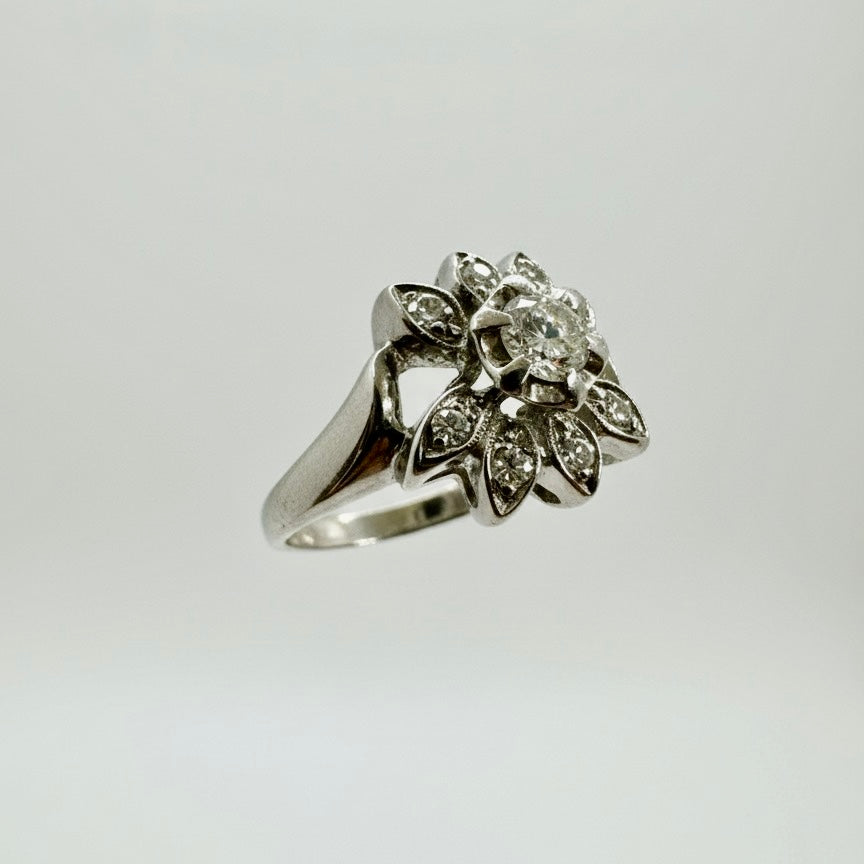 14ct White Gold Hand Engraved Flower Diamond Ring