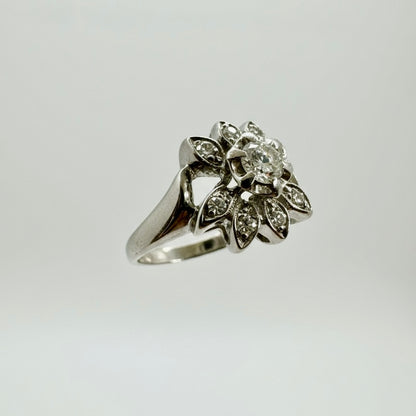 14ct White Gold Hand Engraved Flower Diamond Ring