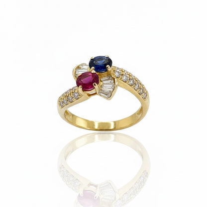 18ct Twin Ruby And Sapphire With Baguette And Round Brilliant Diamond Ring