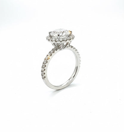 950 Platinum Round Brilliant Diamond With Hidden Diamond Basket And Diamond Halo And Shoulder Ring